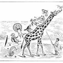 Various animals which were riding on a giraffe's back tumble down its spine as it raises its neck