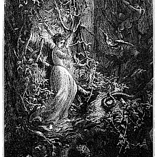 A man in the water calls to a young woman standing on a narrow piece of land overlooking the sea