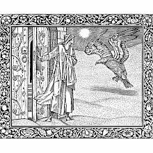 A man shuts a door behind him and steps out into a barren landscape where an eagle comes landing nearby