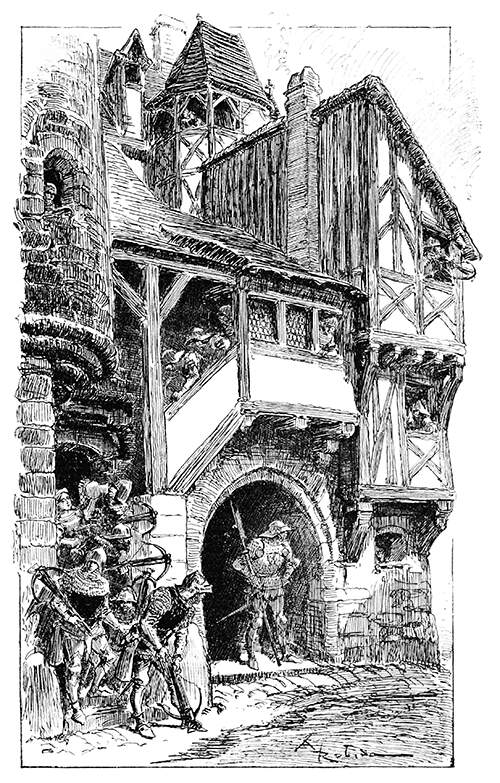 A sentry is keeping watch at the entrance of a half-timbered building