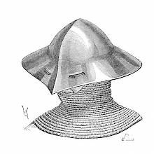 Medieval kettle hat with eyeholes and worn over a mail coif extending to the shoulders