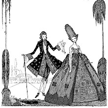 A man in 18th-century dress holds up a bunch of keys and holds it out to the woman beside him