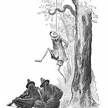 Pinocchio has been hung by the neck by two masked assassins waiting for him to die at the foot of the tree