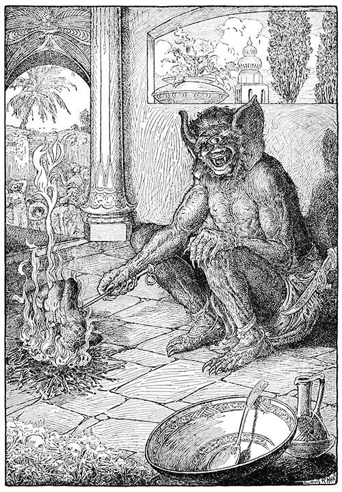 A one-eyed monster with large ears sits by a fire and holds a spit on which a man is roasting