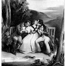 A young woman is sitting on a bench between two men, one kissing her, the other crying