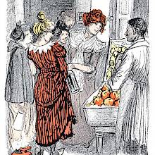 A group of cheery women bargains with a street seller over some fruit