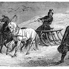 The driver of a sleigh drawn by three horses stops by a wary man hiding a knife behind his back.