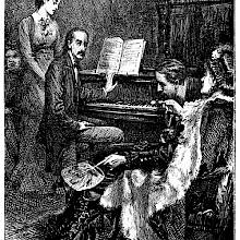 A man sitting at a piano with a music book open before looks at a woman to his right