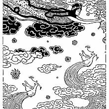 A female figure is floating in the sky among clouds and birds