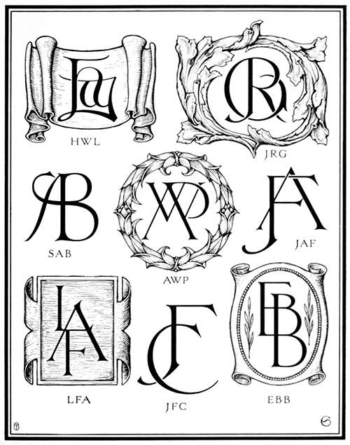 Plate showing nine monograms, some of them inscribed inside a cartouche