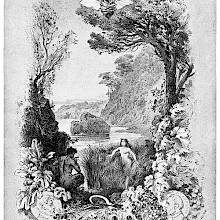 A nymph makes her way through towards a satyr playing the flute in a coastal landscape