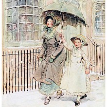 A woman walks smugly in the falling snow, protected by a young maid carrying an umbrella