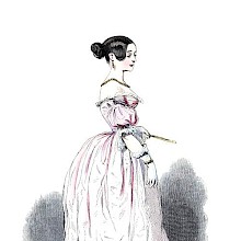 Depiction of a young lady in an evening dress, white gloves, and holding a fan