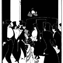 An elderly woman has stepped out of a cab and is walking between tall figures in evening dress