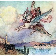 A woman and a man with a parrot on his shoulder ride winged horse flying over a wide river