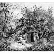 A woman is sitting on a bench outside a cottage merging with the trees and vegetation around