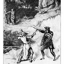 Two men in medieval combat gear have a sword fight while a third figure watches from some distance