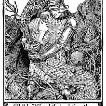 A knight holds in his arms a young woman whose head emerges from the body of a lifeless dragon