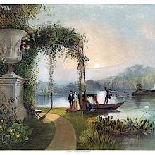 Sunset view of the lake at Trentham Hall, with a boat approaching the bank