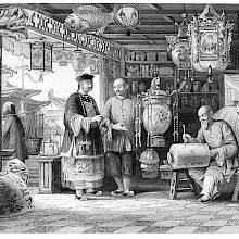 Shop of a Chinese lantern merchant with sellers presenting lanterns to customers