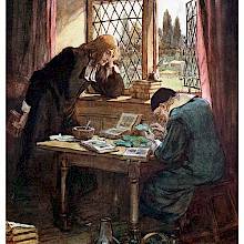 A man sitting at a table examines plants as a pastor stands leaning on his hand opposite him