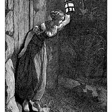 A young woman stands on a doorstep and holds up a lantern in front of her to peer into the night