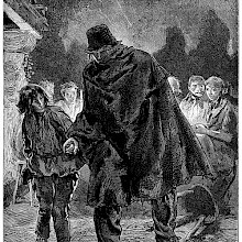 A blind man in a hat and tattered cloak takes the hand of a young boy to be led away