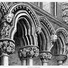 Arches at the chapter house of Lichfield Cathedral showing ornate capitals