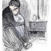 A woman hugs a boy in a bleak room, at the back of which a stove is visible