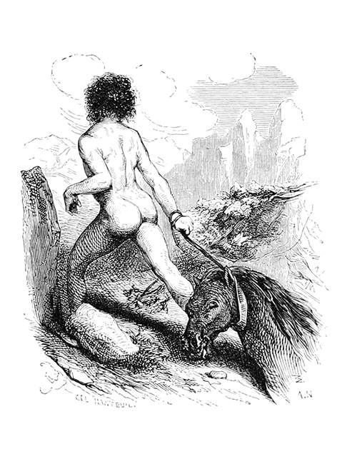 A naked man is seen from behind dragging a dead horse by its halter