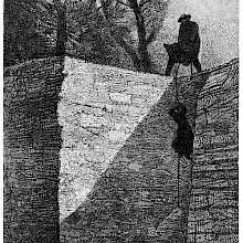 A man silhouetted at the top of a wall hauls up a woman holding on a rope