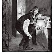 Two men lean over a chest and peer at the man hidden inside, while a woman watches from another room
