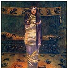 A female figure in a shroud stands in a room decorated with hieroglyphic drawings
