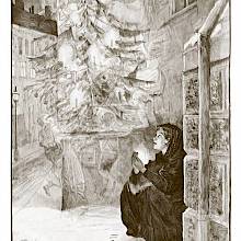 A girl squatting on a snowy pavement looks at a Christmas tree around which children are dancing