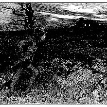 A man taking a walk on a moor looks from a distance at the light coming from two windows