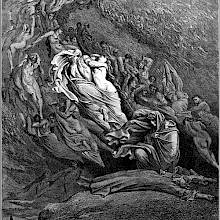 A man lies on the ground while another kneels beside him. The sky is filled with human figures