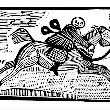 A man with two bottles hanging from his belt is riding a galloping horse.