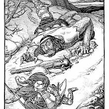 A pilgrim and a knight are runnning away from a giant who has fallen down outside a castle wall