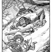A pilgrim and an armored knight are fleeing from a giant who has fallen outside a castle wall