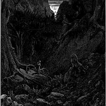 At the bottom of a shadowy gorge, dotted with gnarled trees, a man stands facing a fearless lion