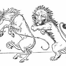 Profile view of a unicorn and a lion standing on their hind legs