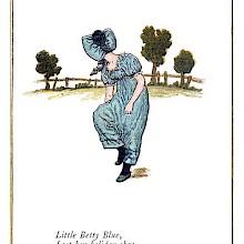 A girl wearing a cottage bonnet hiding her face stands on one leg in a meadow