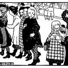 Woodcut showing a group of young girls in the street, chatting or looking at the viewer