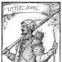 Portrait of Little John holding his bow in one hand and a staff in the other