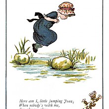 A little girl wearing a hat jumps from stone to stone across a stream