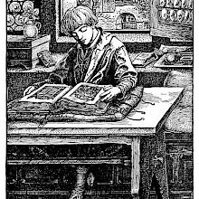 A boy is sitting at a table reading an illuminated manuscript with his back to a window