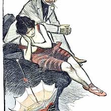 A smoking man wearing a boater is sitting beside a woman in a red bathing suit