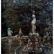 A man in a jester suit is seen from behind sitting with another character on the far edge of a fountain