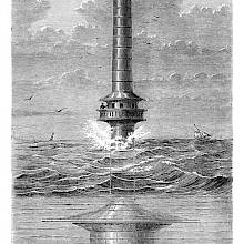 View of the floating lighthouse stationed at the entrance of the port of Liverpool in 1869