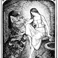 A woman comes out of a jar stored in a cellar where a humongous cat  is waiting for her